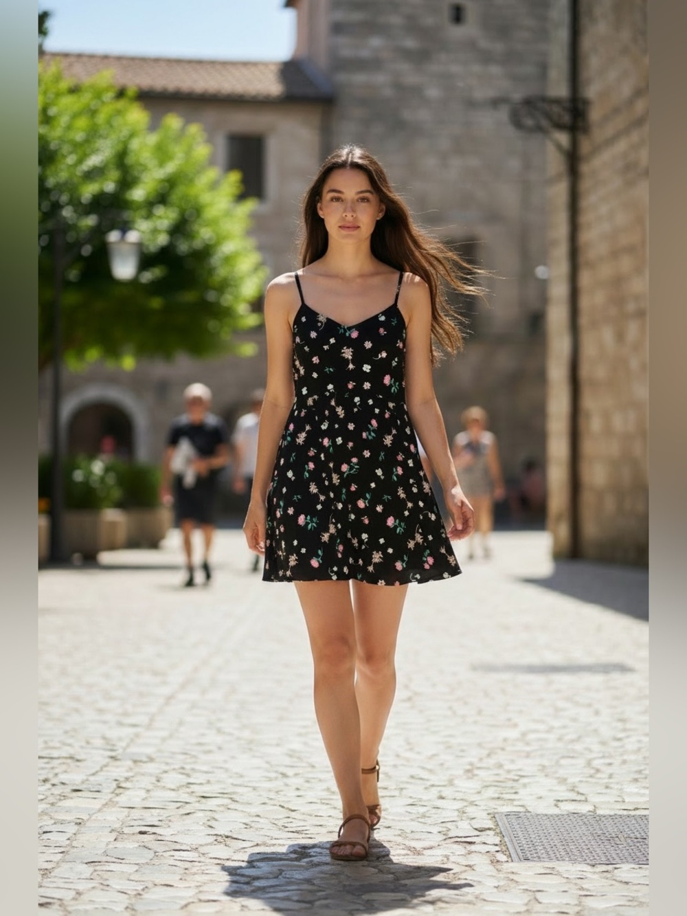 Old Navy Black Floral Spaghetti-Strap Mini Dress with Pink and Green Accents